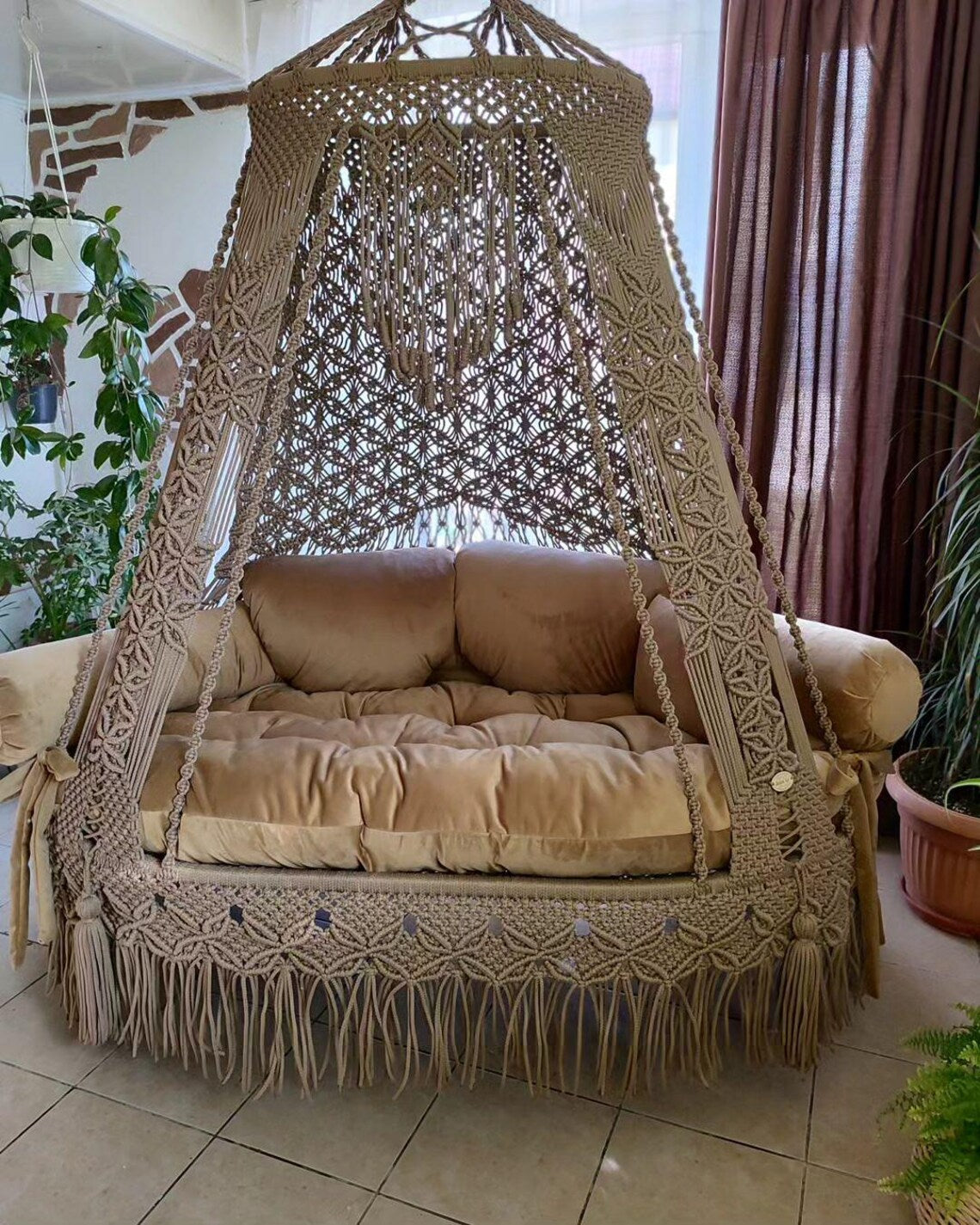 Brown Macrame Sofa Swing With Mattress And Cushions - Leechoo